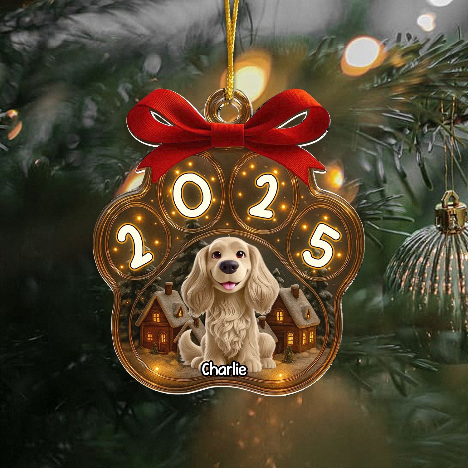 Personalized Dog Paw Print Christmas Ornament with Name, Light-Up Acrylic Keepsake, Christmas Village Style, Holiday Gift for Pet Owners & Dog Lovers, Tree Decoration 2025-MJP87