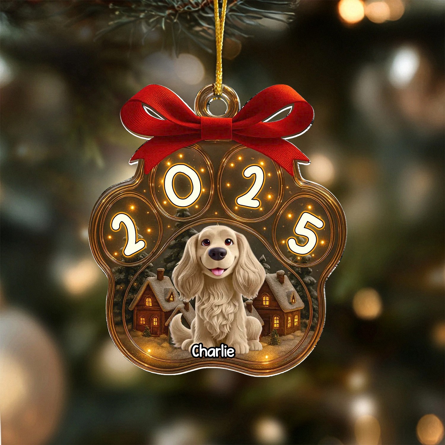 Personalized Dog Paw Print Christmas Ornament with Name, Light-Up Acrylic Keepsake, Christmas Village Style, Holiday Gift for Pet Owners & Dog Lovers, Tree Decoration 2025-MJP87