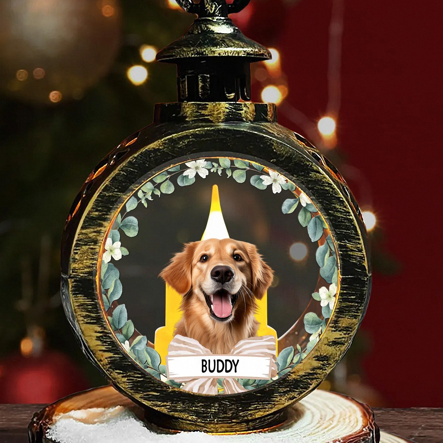 Personalized Dog Photo Ornament with Custom Name Vintage Lantern Christmas Keepsake Eucalyptus Wreath Style Holiday Gift for Pet Owners Dog Lovers Tree Decoration ZYHU0
