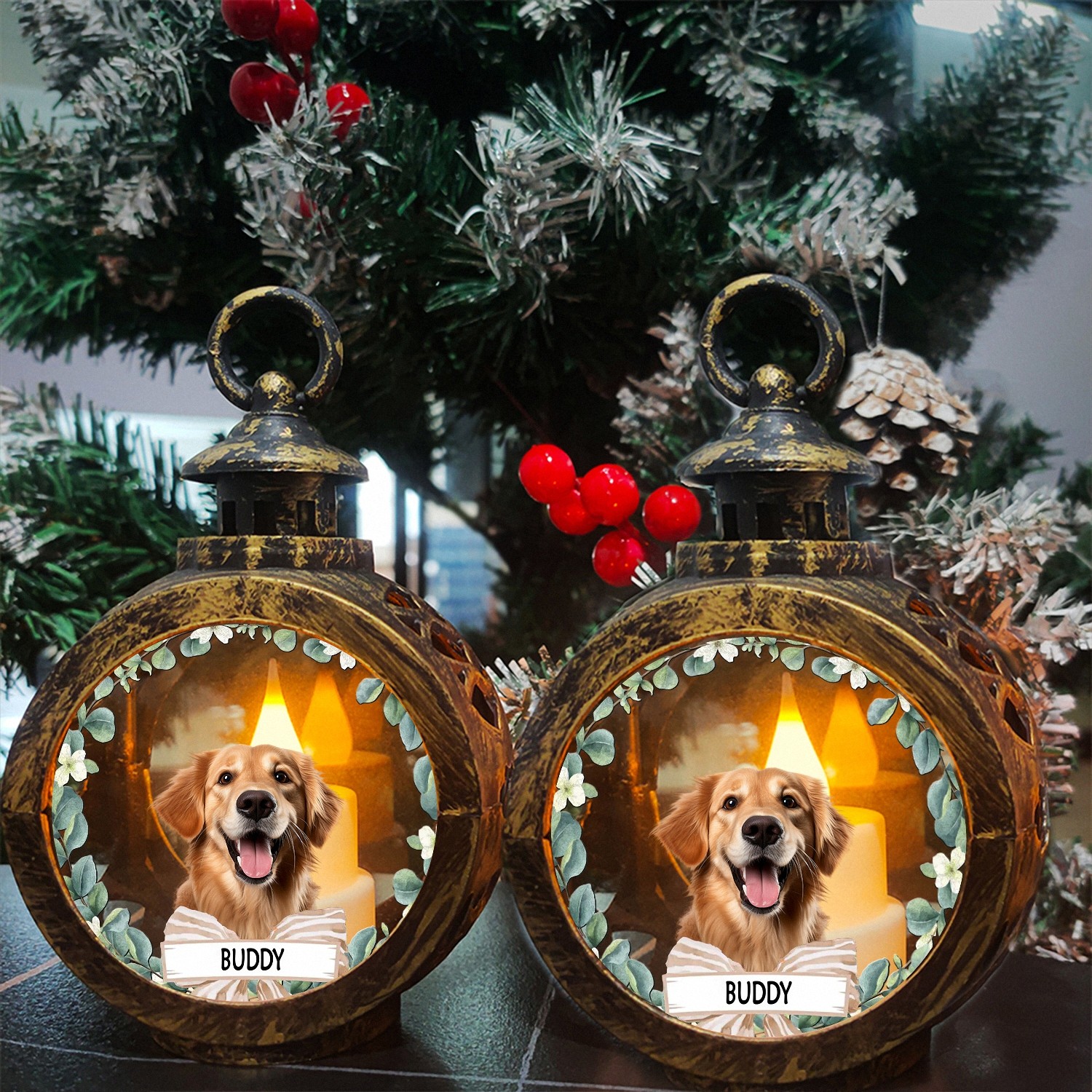 Personalized Dog Photo Ornament with Custom Name Vintage Lantern Christmas Keepsake Eucalyptus Wreath Style Holiday Gift for Pet Owners Dog Lovers Tree Decoration ZYHU0