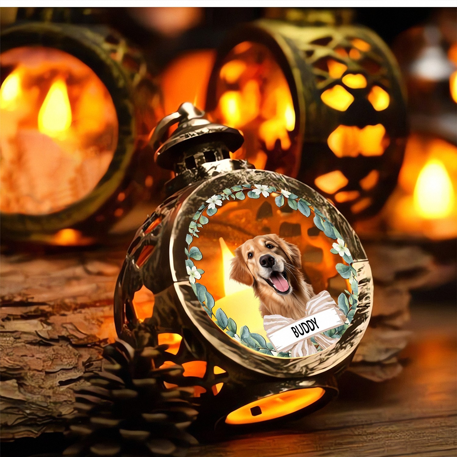 Personalized Dog Photo Ornament with Custom Name Vintage Lantern Christmas Keepsake Eucalyptus Wreath Style Holiday Gift for Pet Owners Dog Lovers Tree Decoration ZYHU0