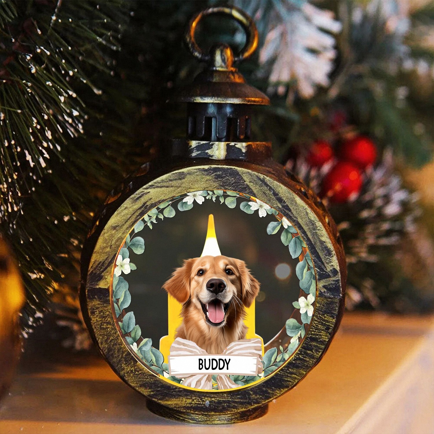 Personalized Dog Photo Ornament with Custom Name Vintage Lantern Christmas Keepsake Eucalyptus Wreath Style Holiday Gift for Pet Owners Dog Lovers Tree Decoration ZYHU0