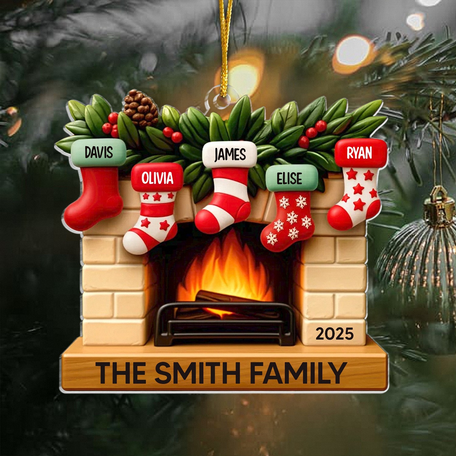 Personalized Family Fireplace Ornament with Stocking Names, Layered Acrylic Christmas Keepsake, Holiday Gift for Family of 5, Christmas Tree Decoration 2025