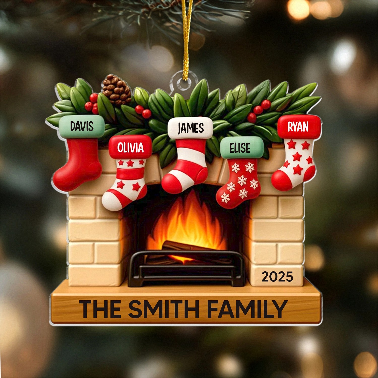 Personalized Family Fireplace Ornament with Stocking Names, Layered Acrylic Christmas Keepsake, Holiday Gift for Family of 5, Christmas Tree Decoration 2025