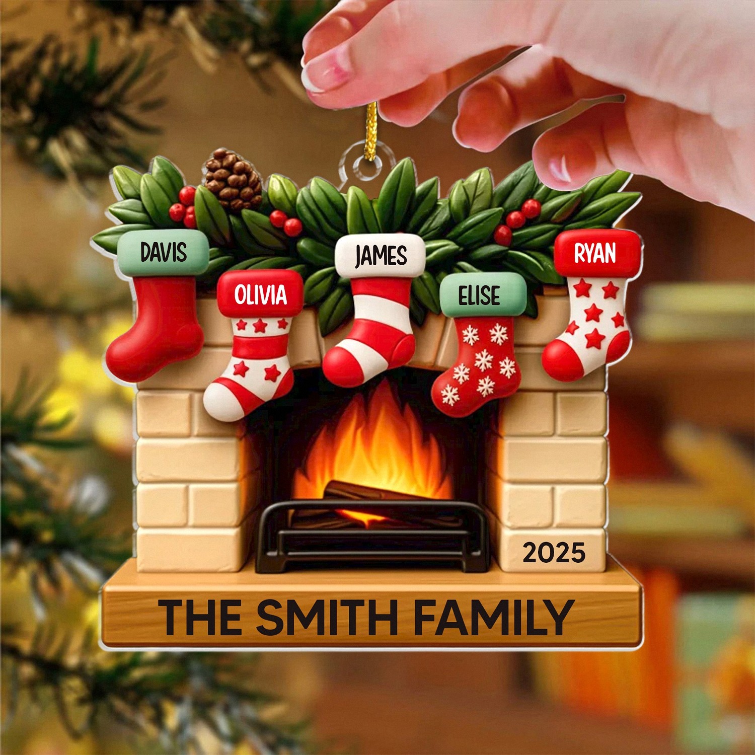 Personalized Family Fireplace Ornament with Stocking Names, Layered Acrylic Christmas Keepsake, Holiday Gift for Family of 5, Christmas Tree Decoration 2025