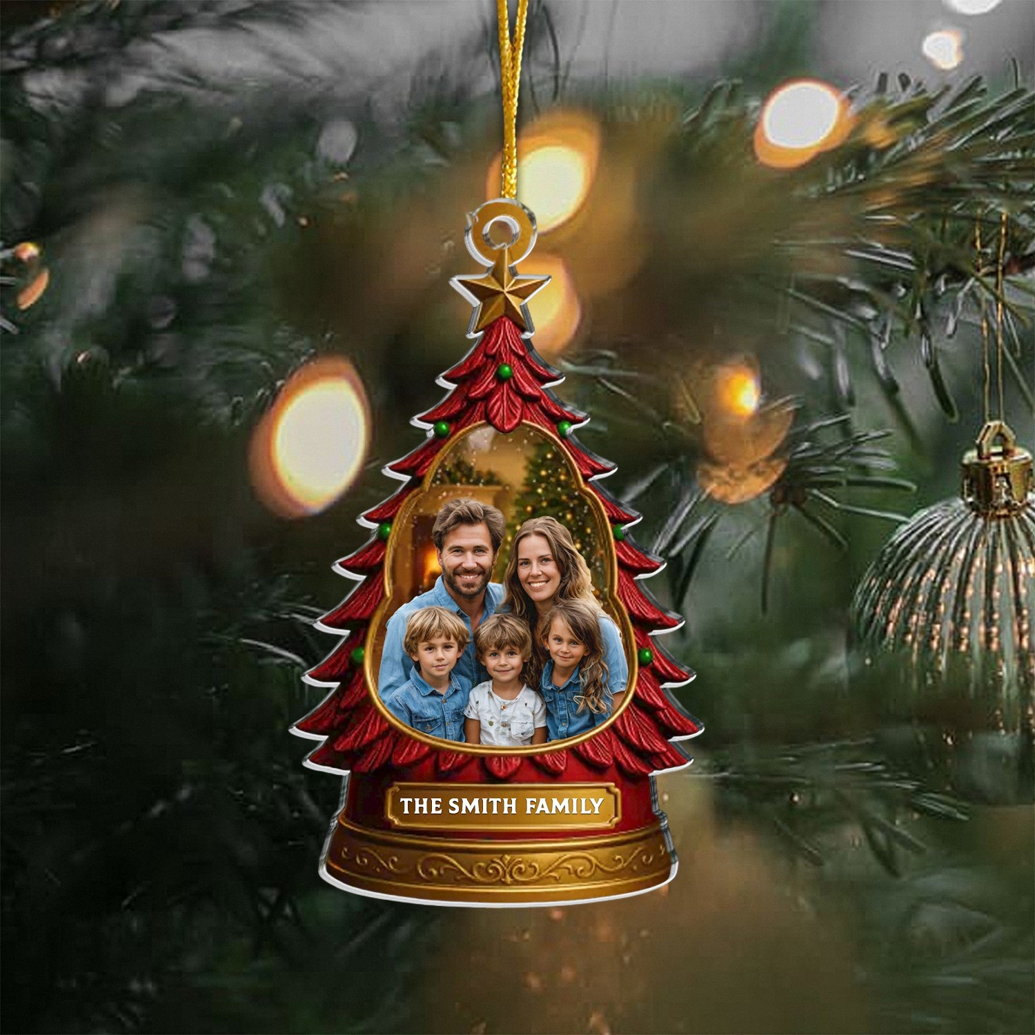 Personalized Family Photo Christmas Ornament with Custom Name, Red Christmas Tree Keepsake, Acrylic Holiday Frame, Annual Christmas Gift for Family & Grandparents