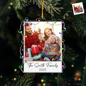 Personalized Family Photo Ornament with Custom Name Year Polaroid Style Christmas Keepsake Acrylic Frame with Holiday Lights Annual Christmas Gift for Family Grandparents 2025