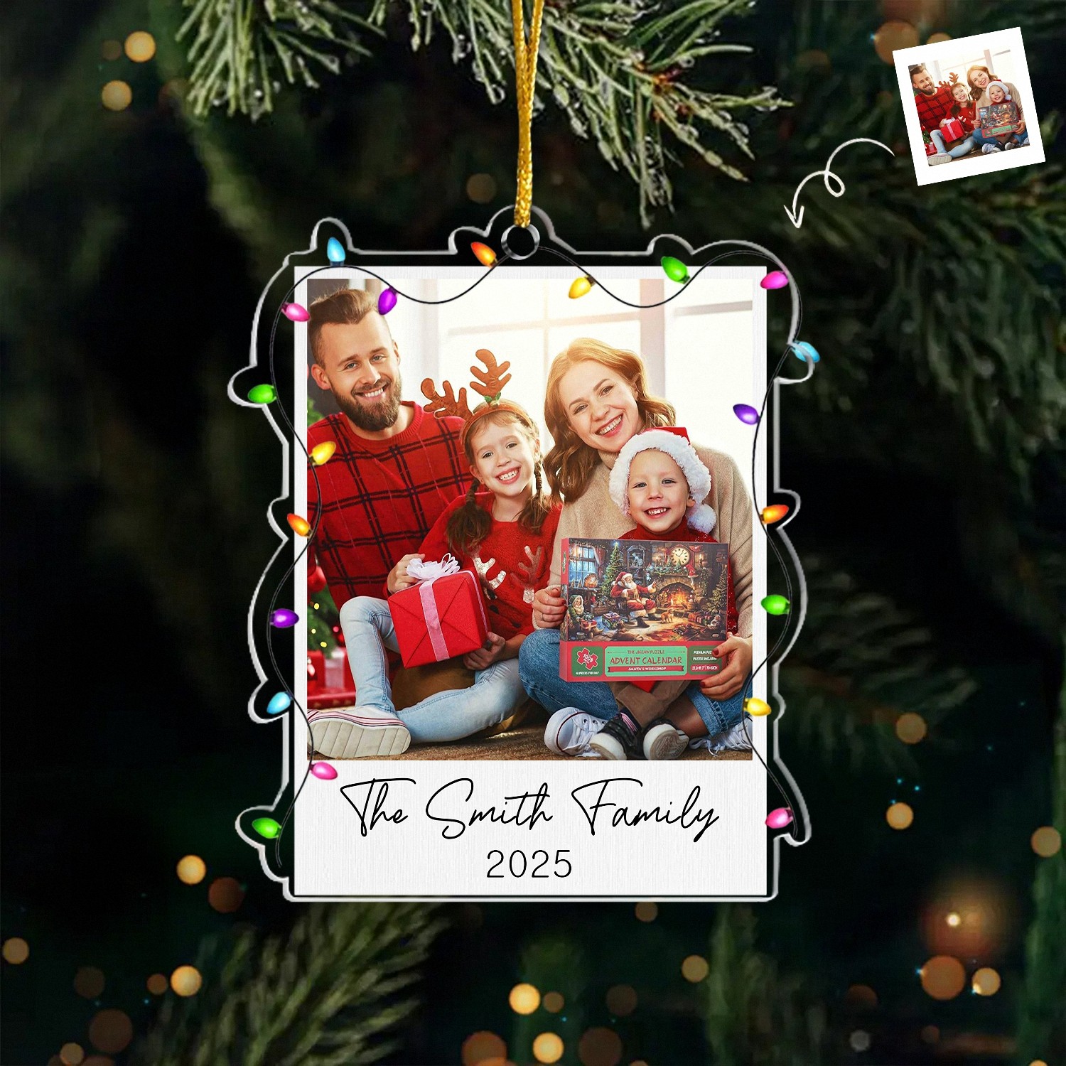 Personalized Family Photo Ornament with Custom Name Year Polaroid Style Christmas Keepsake Acrylic Frame with Holiday Lights Annual Christmas Gift for Family Grandparents 2025