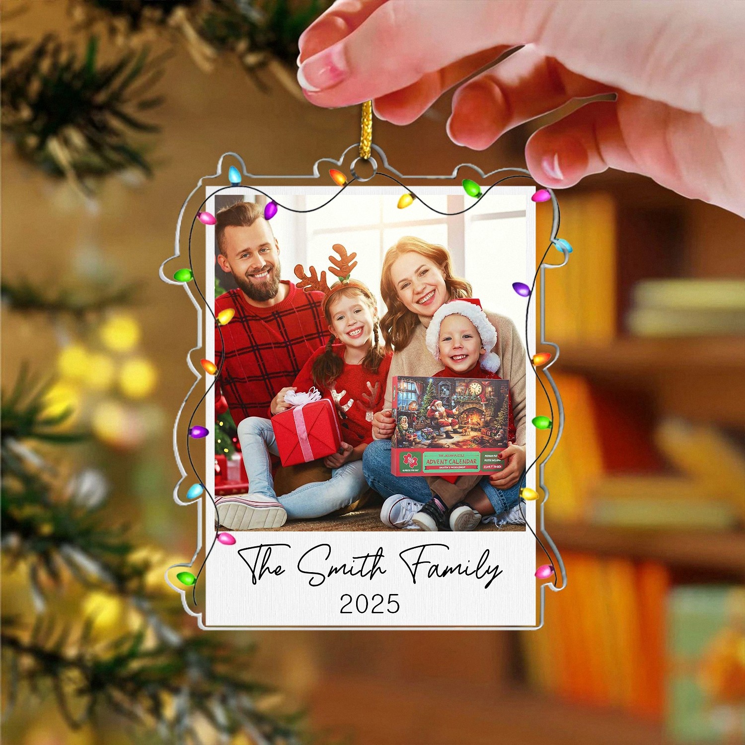 Personalized Family Photo Ornament with Custom Name Year Polaroid Style Christmas Keepsake Acrylic Frame with Holiday Lights Annual Christmas Gift for Family Grandparents 2025