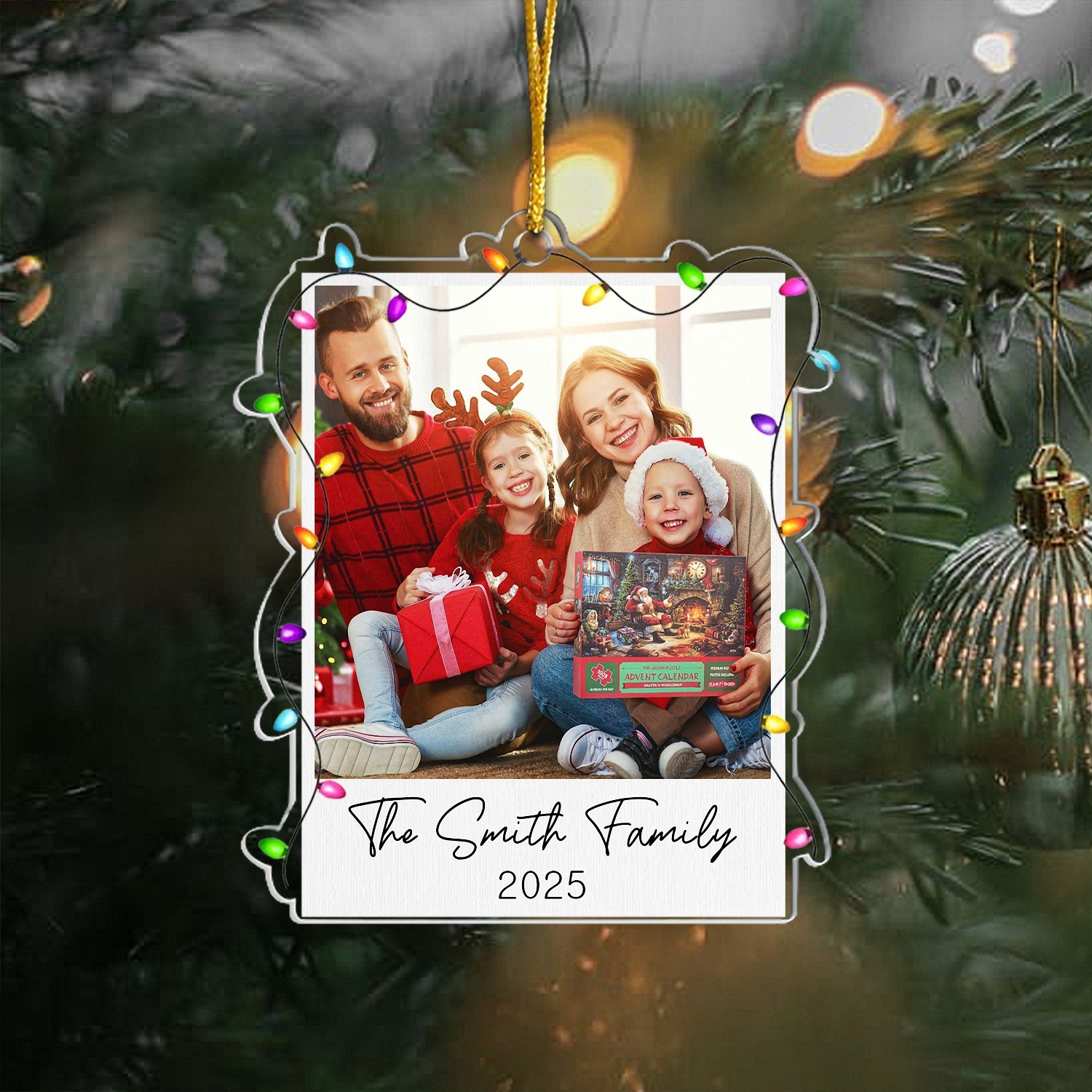 Personalized Family Photo Ornament with Custom Name Year Polaroid Style Christmas Keepsake Acrylic Frame with Holiday Lights Annual Christmas Gift for Family Grandparents 2025