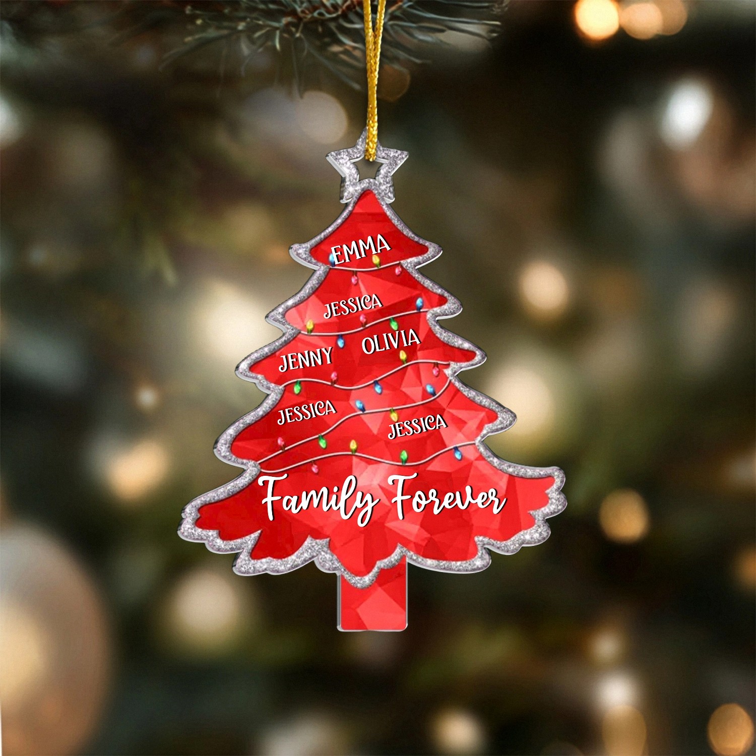 Personalized Family Tree Ornament with Custom Names Family Forever Red Christmas Tree Keepsake Acrylic with Silver Glitter Trim Christmas Gift for Large Family Holiday Decoration