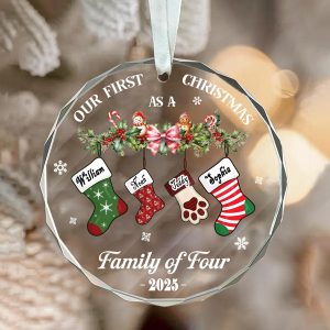 Personalized Family of 4 with Pet Paw Christmas Ornament, Faceted Glass Keepsake for Our First Christmas, Gift for Family & Pet Lovers 2025