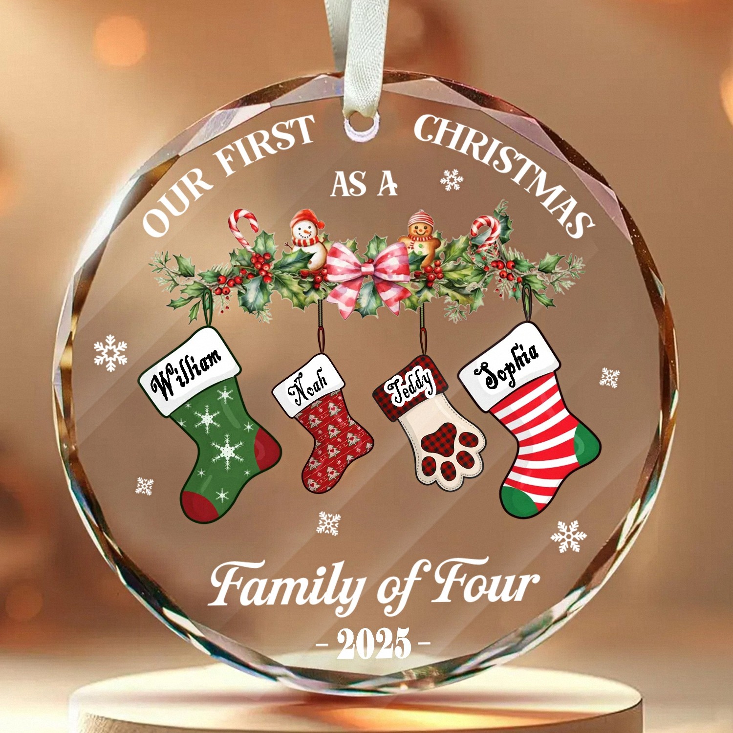 Personalized Family of 4 with Pet Paw Christmas Ornament, Faceted Glass Keepsake for Our First Christmas, Gift for Family & Pet Lovers 2025