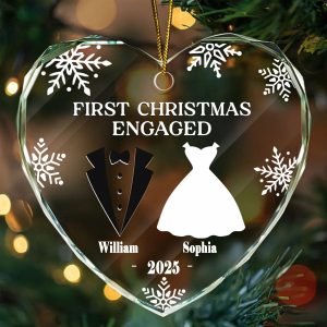 Personalized First Christmas Engaged Ornament Custom Name Year Heart Keepsake Faceted Glass with Tux Dress Engagement Gift for Couples