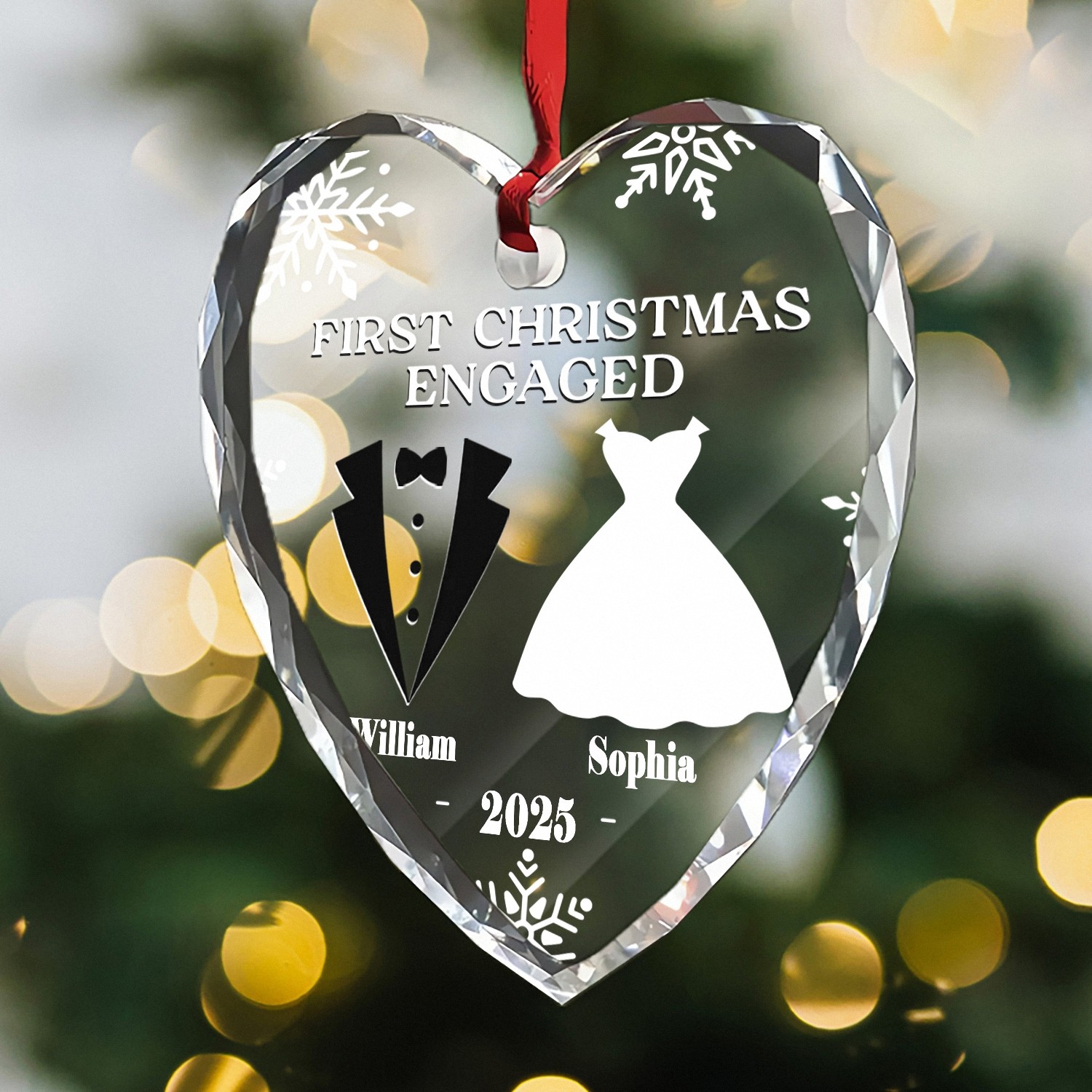 Personalized First Christmas Engaged Ornament Custom Name Year Heart Keepsake Faceted Glass with Tux Dress Engagement Gift for Couples