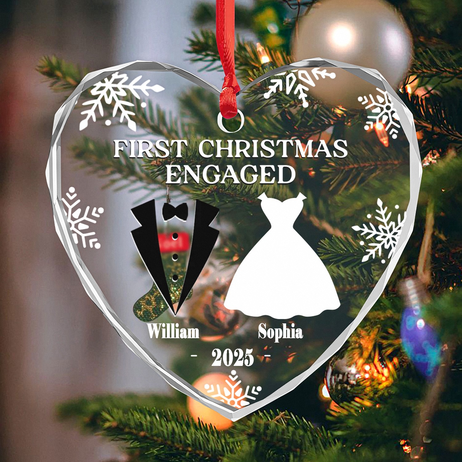 Personalized First Christmas Engaged Ornament Custom Name Year Heart Keepsake Faceted Glass with Tux Dress Engagement Gift for Couples