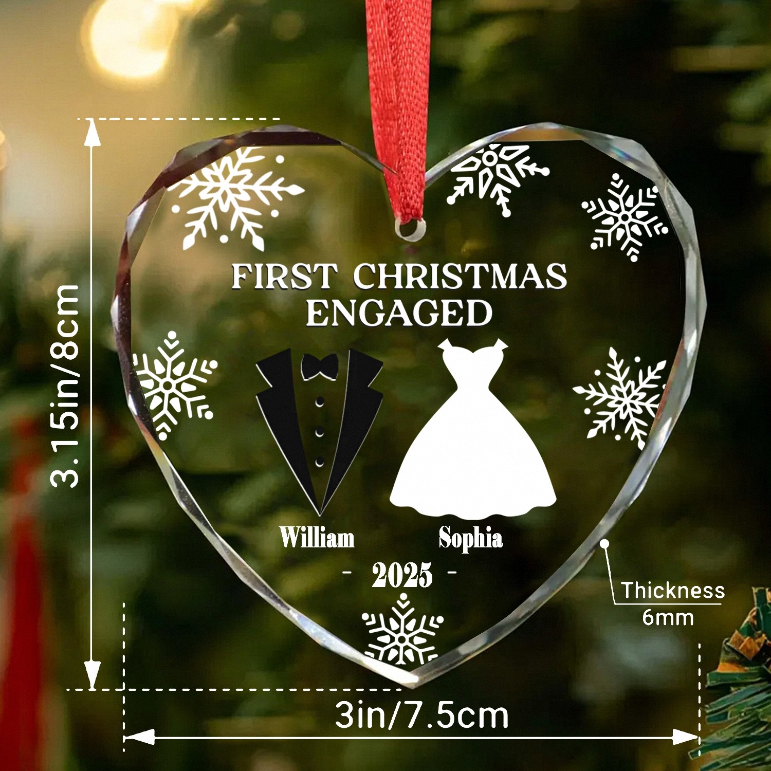 Personalized First Christmas Engaged Ornament Custom Name Year Heart Keepsake Faceted Glass with Tux Dress Engagement Gift for Couples