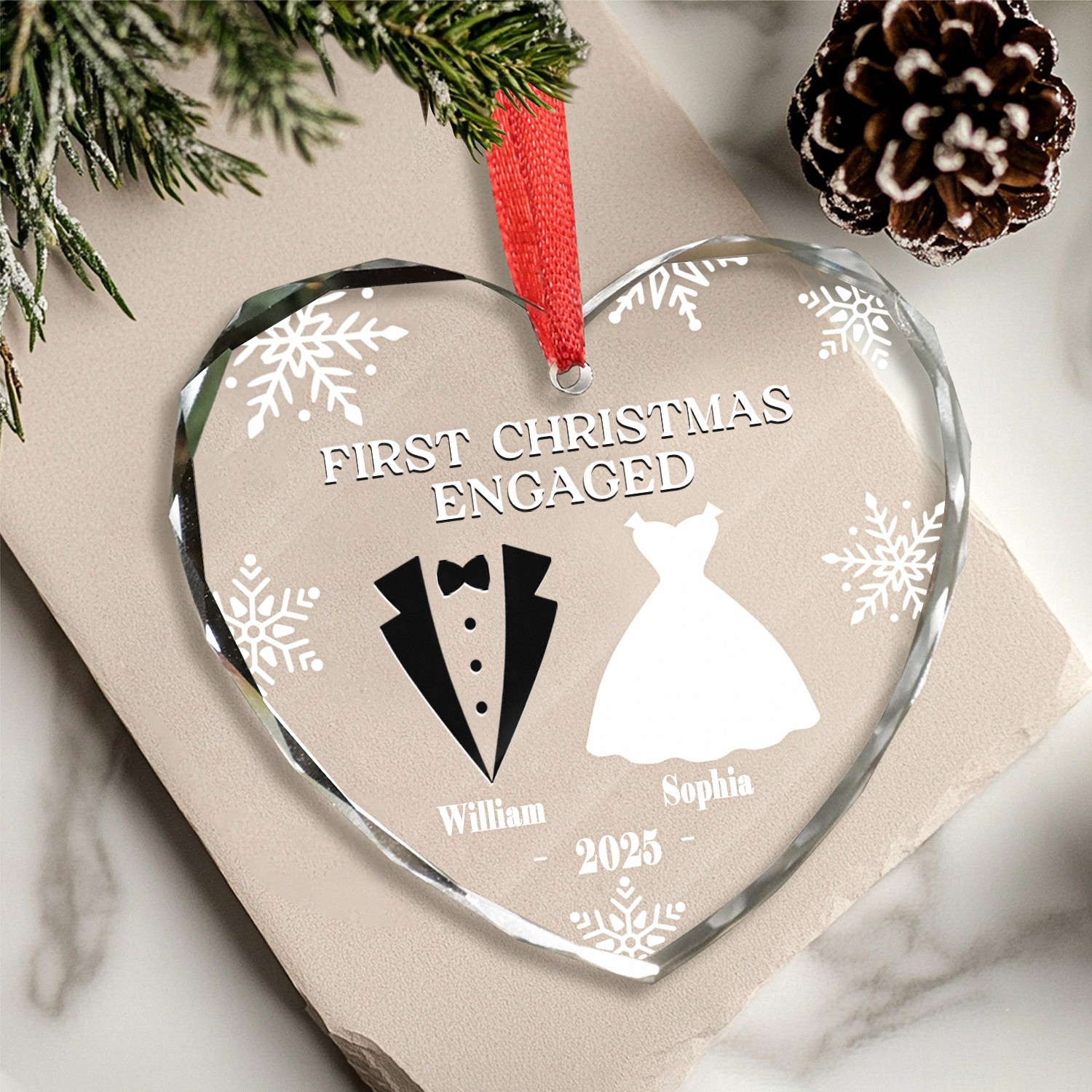 Personalized First Christmas Engaged Ornament Custom Name Year Heart Keepsake Faceted Glass with Tux Dress Engagement Gift for Couples