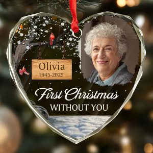 Personalized First Christmas Without You Memorial Ornament with Photo Name Dates HeartShaped Faceted Glass Keepsake with Cardinal Christmas Bereavement Gift for Loss of a Loved One