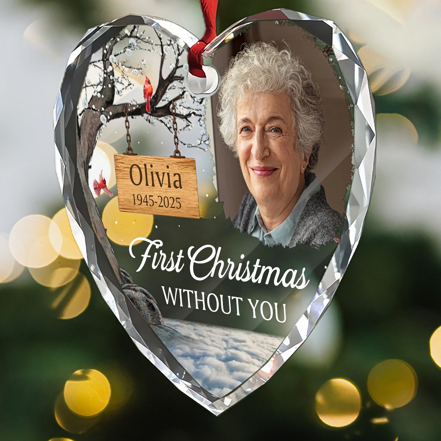 Personalized First Christmas Without You Memorial Ornament with Photo Name Dates HeartShaped Faceted Glass Keepsake with Cardinal Christmas Bereavement Gift for Loss of a Loved One