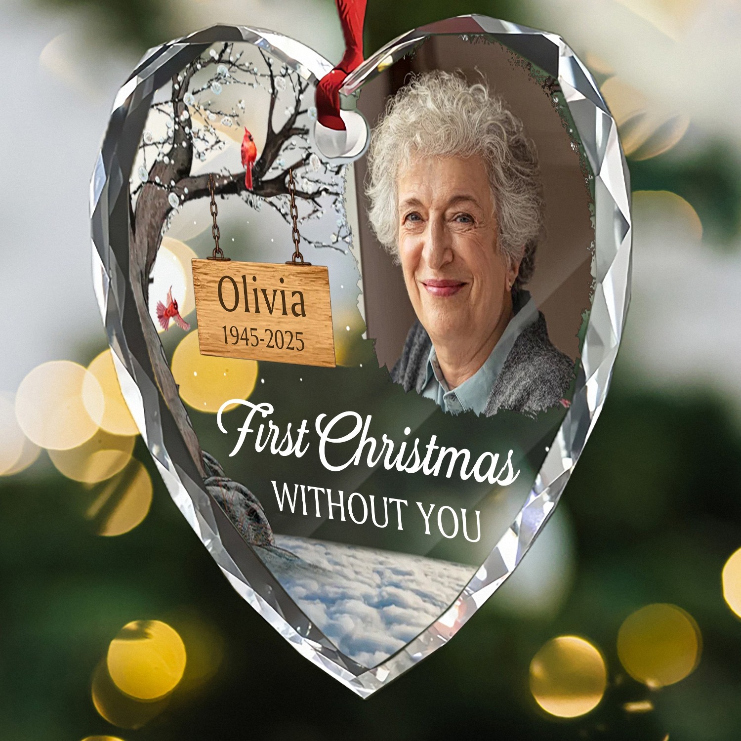 Personalized First Christmas Without You Memorial Ornament with Photo Name Dates HeartShaped Faceted Glass Keepsake with Cardinal Christmas Bereavement Gift for Loss of a Loved One