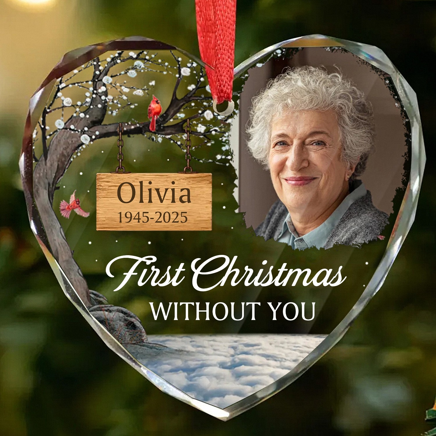 Personalized First Christmas Without You Memorial Ornament with Photo Name Dates HeartShaped Faceted Glass Keepsake with Cardinal Christmas Bereavement Gift for Loss of a Loved One