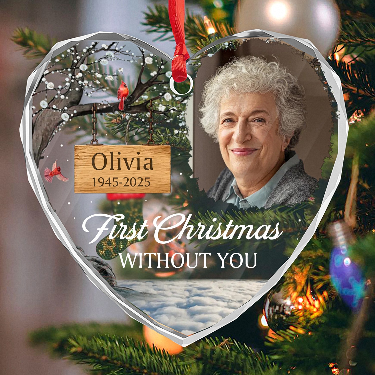 Personalized First Christmas Without You Memorial Ornament with Photo Name Dates HeartShaped Faceted Glass Keepsake with Cardinal Christmas Bereavement Gift for Loss of a Loved One