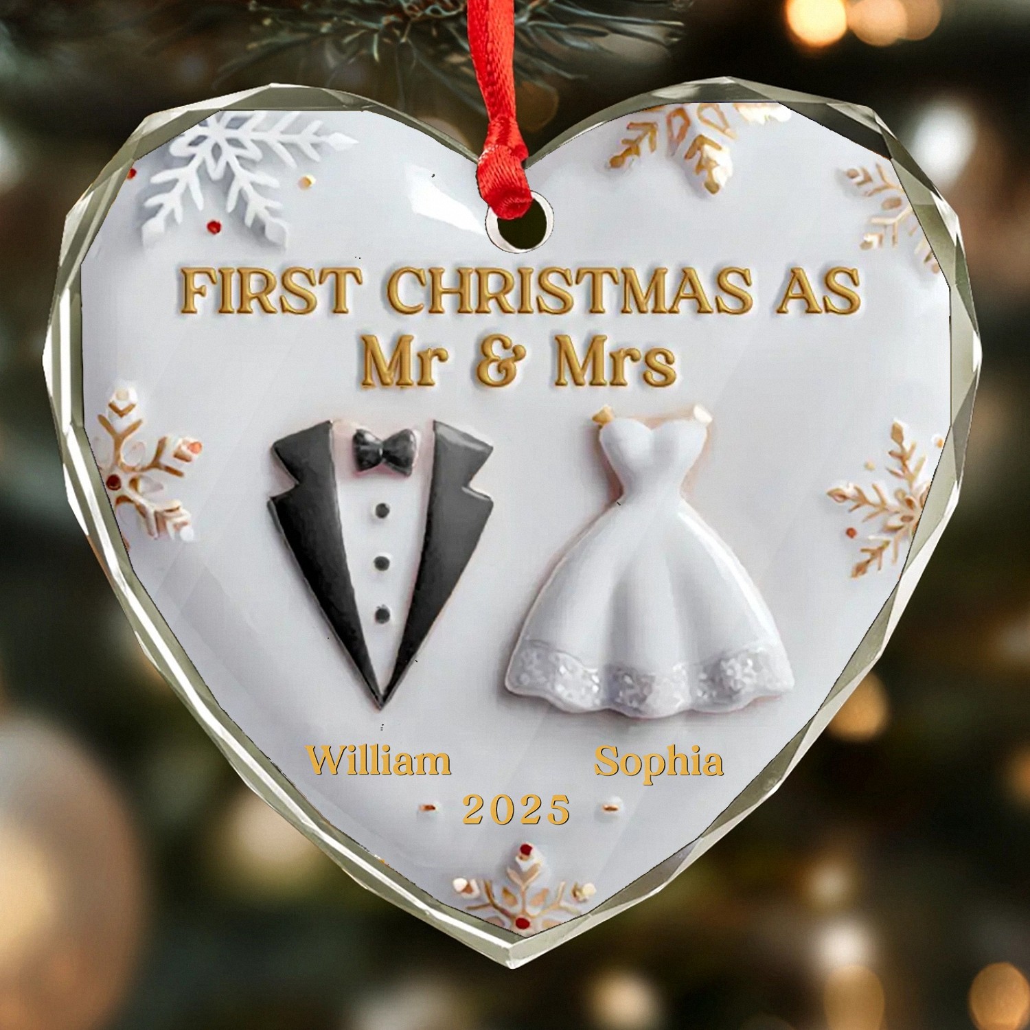 Personalized First Christmas as Mr Mrs Ornament with Names Year Custom Heart Keepsake Faceted Glass with 3D Tux Dress Wedding Anniversary Gift for Newlyweds Couples 2025