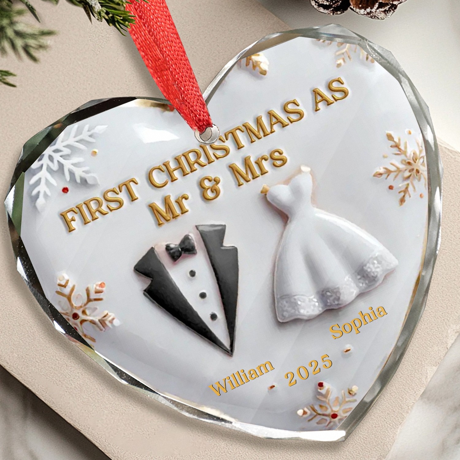 Personalized First Christmas as Mr Mrs Ornament with Names Year Custom Heart Keepsake Faceted Glass with 3D Tux Dress Wedding Anniversary Gift for Newlyweds Couples 2025