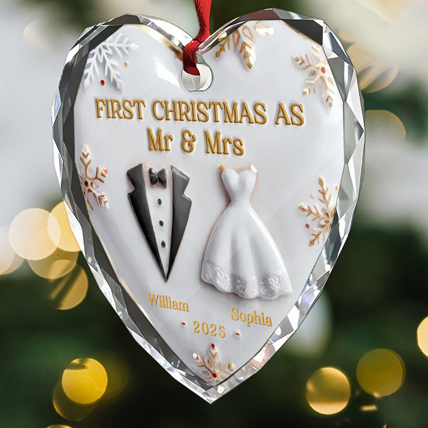 Personalized First Christmas as Mr Mrs Ornament with Names Year Custom Heart Keepsake Faceted Glass with 3D Tux Dress Wedding Anniversary Gift for Newlyweds Couples 2025