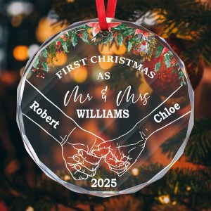 Personalized First Christmas as Mr & Mrs Ornament with Names & Year, Custom Faceted Glass Keepsake, Wedding & Anniversary Gift for Newlyweds & Couples 2025 XZDS4