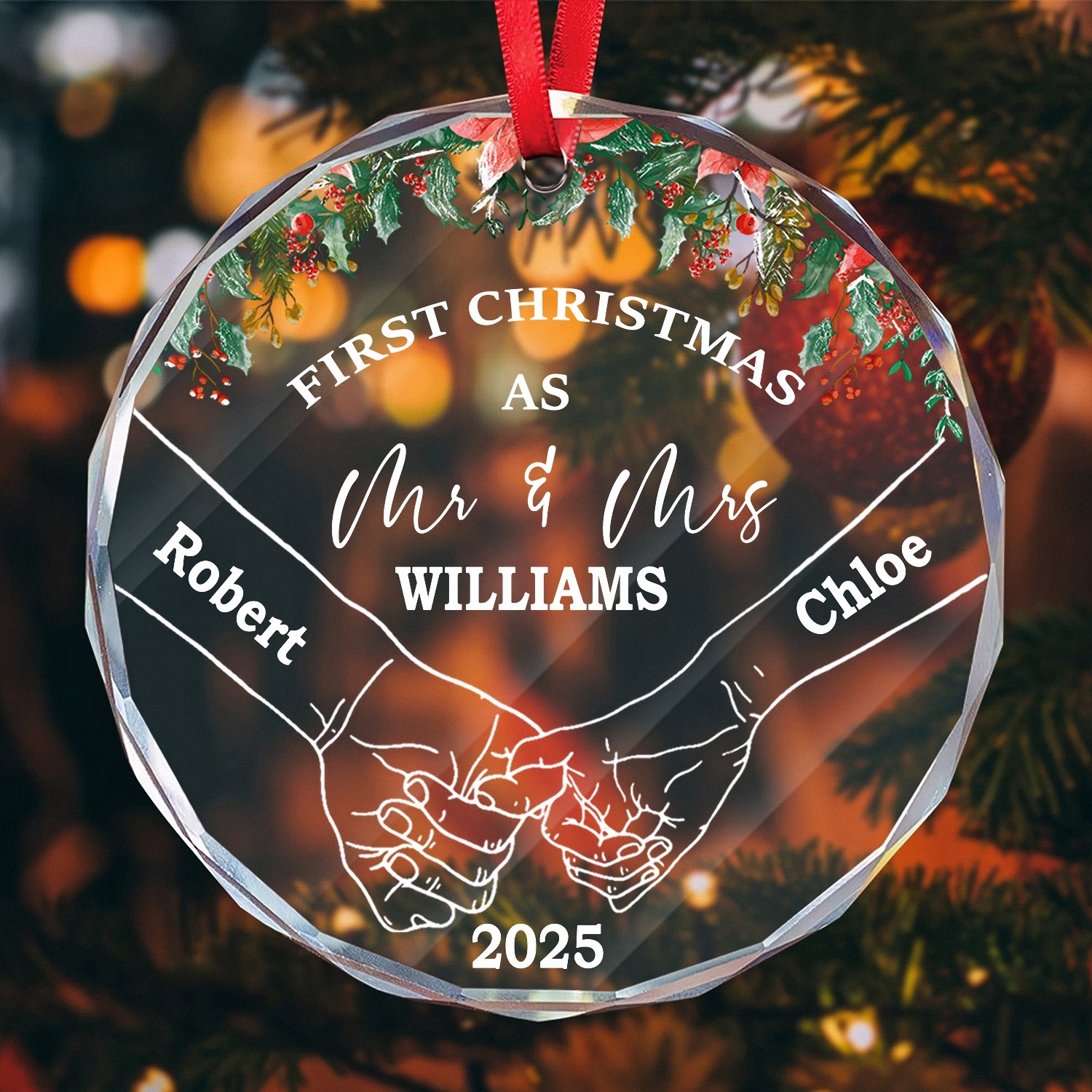Personalized First Christmas as Mr & Mrs Ornament with Names & Year, Custom Faceted Glass Keepsake, Wedding & Anniversary Gift for Newlyweds & Couples 2025 XZDS4