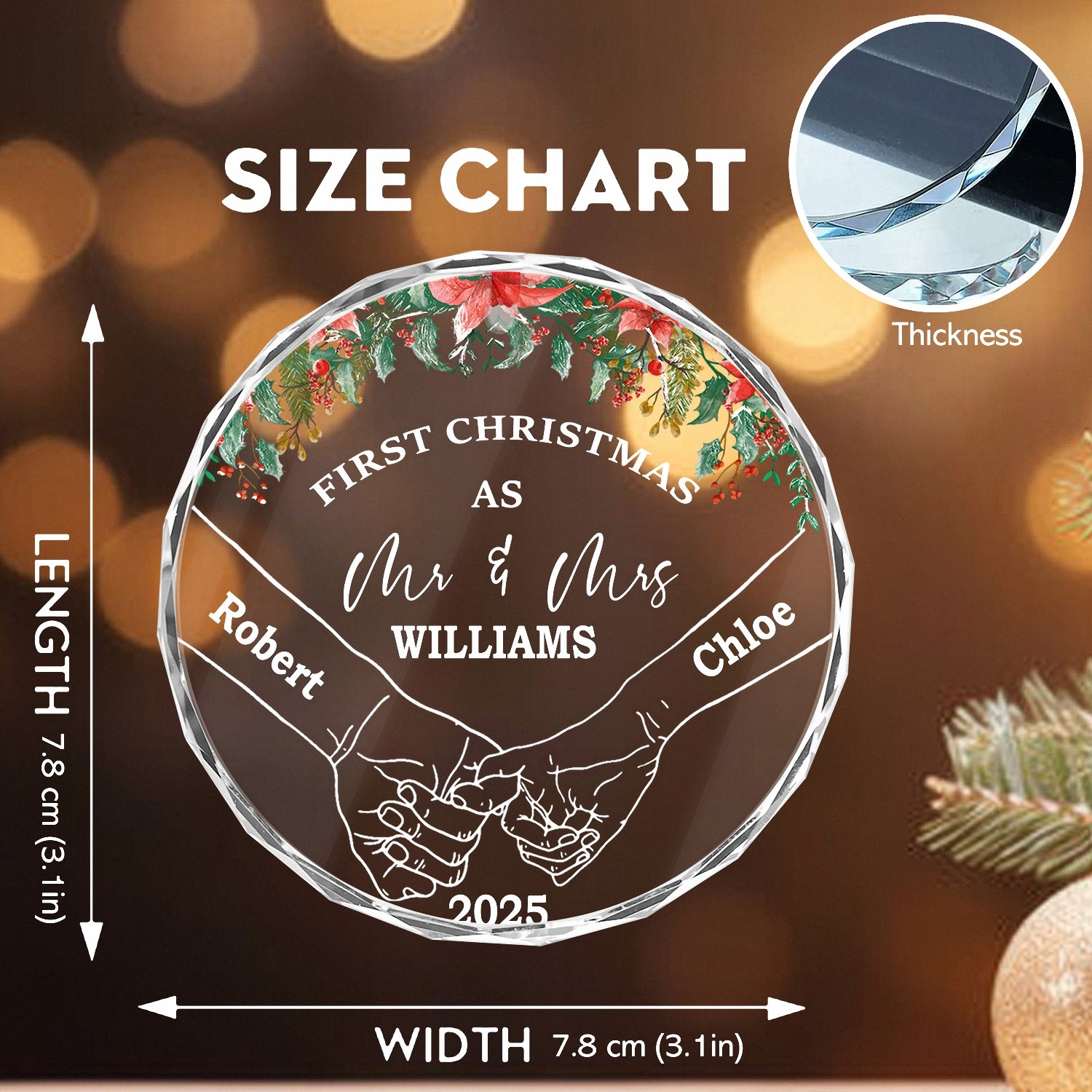 Personalized First Christmas as Mr & Mrs Ornament with Names & Year, Custom Faceted Glass Keepsake, Wedding & Anniversary Gift for Newlyweds & Couples 2025 XZDS4