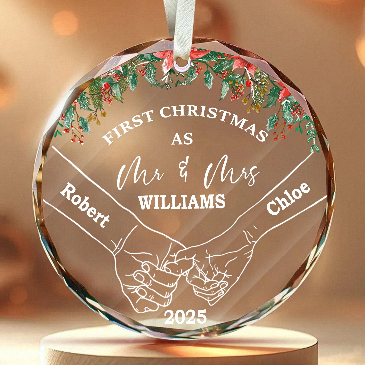 Personalized First Christmas as Mr & Mrs Ornament with Names & Year, Custom Faceted Glass Keepsake, Wedding & Anniversary Gift for Newlyweds & Couples 2025 XZDS4