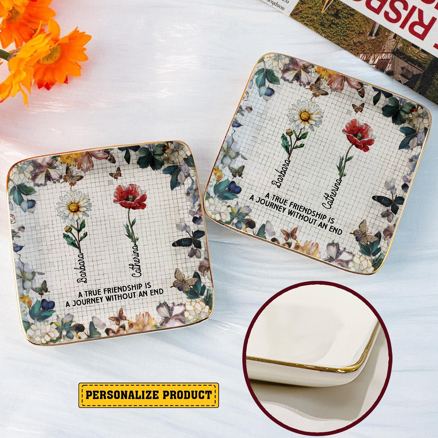 Personalized Friendship Quote Trinket Dish, Ceramic Jewelry Tray with Floral Butterfly Design, Birthday Gift for Best Friend