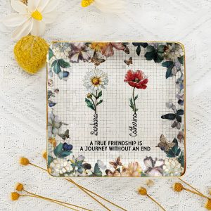 Personalized Friendship Quote Trinket Dish, Ceramic Jewelry Tray with Floral Butterfly Design, Birthday Gift for Best Friend