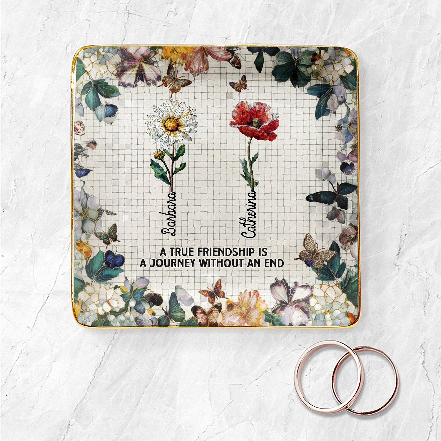 Personalized Friendship Quote Trinket Dish, Ceramic Jewelry Tray with Floral Butterfly Design, Birthday Gift for Best Friend