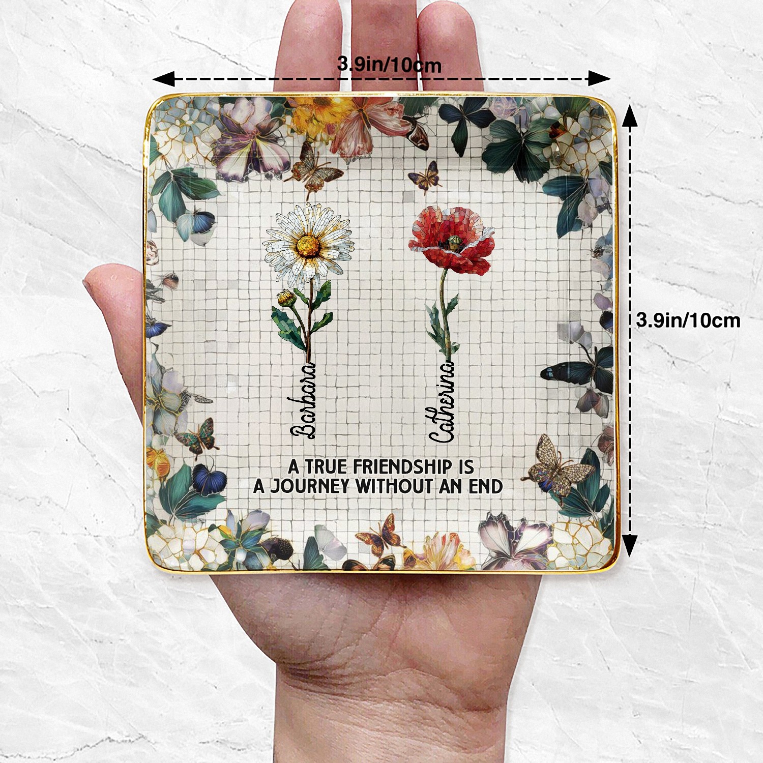 Personalized Friendship Quote Trinket Dish, Ceramic Jewelry Tray with Floral Butterfly Design, Birthday Gift for Best Friend