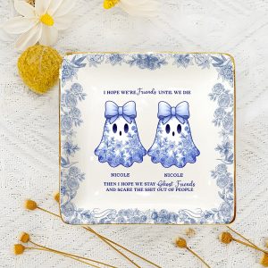 Personalized Ghost Friends Funny Trinket Dish with Names Spooky Ceramic Jewelry Tray Blue Chinoiserie Style with Gold Rim Halloween Birthday Gift for Best Friend Humorous Bestie Keepsake