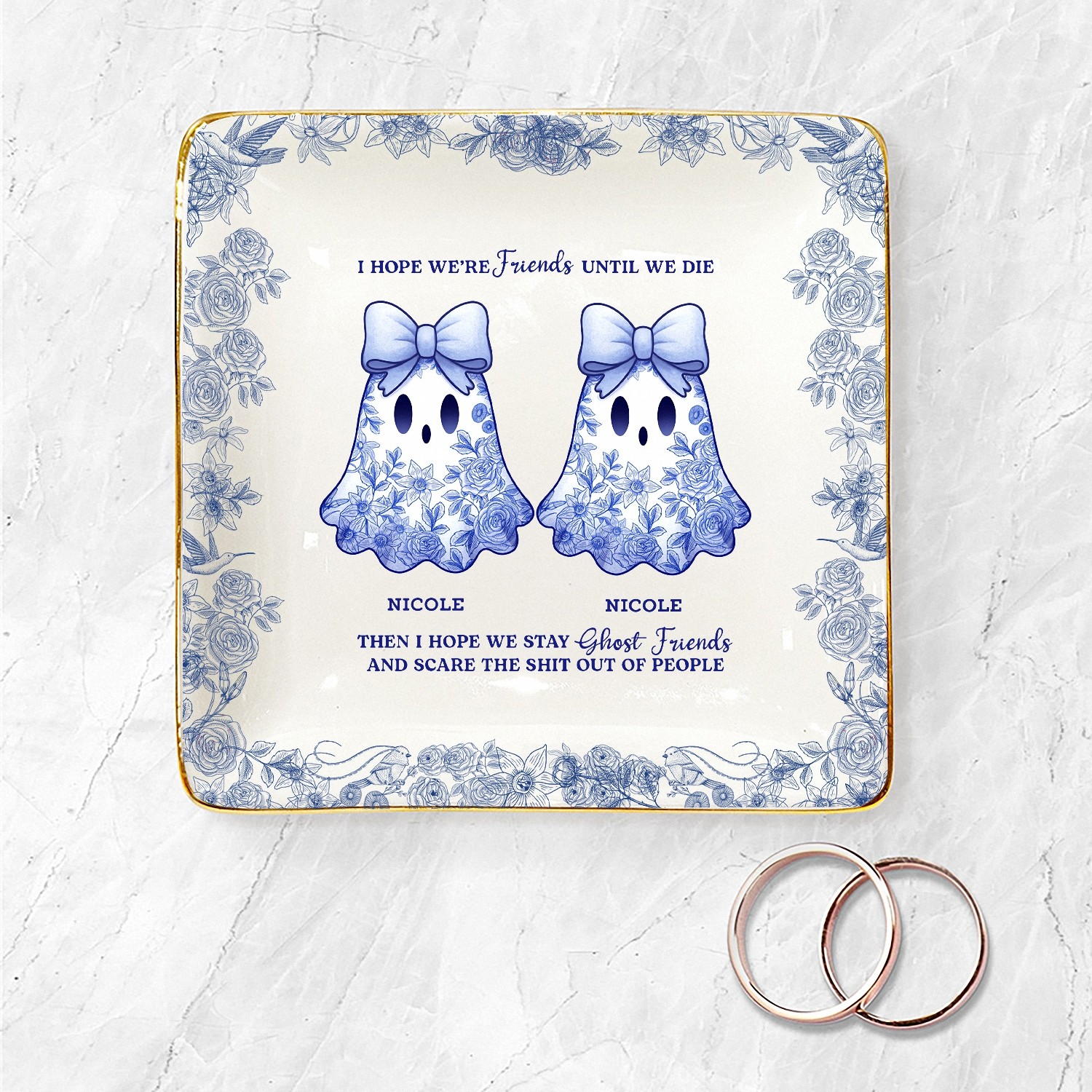 Personalized Ghost Friends Funny Trinket Dish with Names Spooky Ceramic Jewelry Tray Blue Chinoiserie Style with Gold Rim Halloween Birthday Gift for Best Friend Humorous Bestie Keepsake
