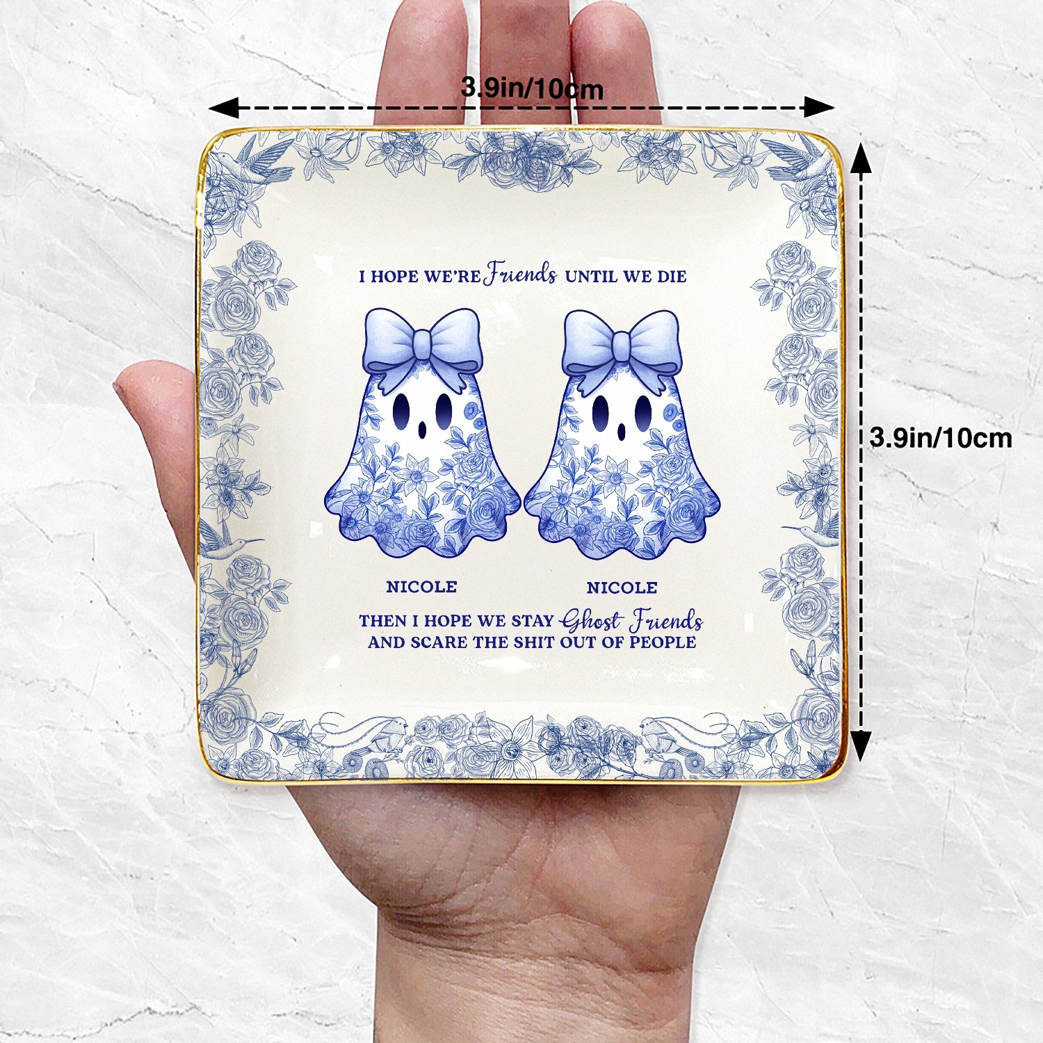 Personalized Ghost Friends Funny Trinket Dish with Names Spooky Ceramic Jewelry Tray Blue Chinoiserie Style with Gold Rim Halloween Birthday Gift for Best Friend Humorous Bestie Keepsake
