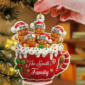 Personalized Gingerbread Family in Mug Acrylic Ornament - Custom Christmas Keepsake with Family Name and Members' Names
