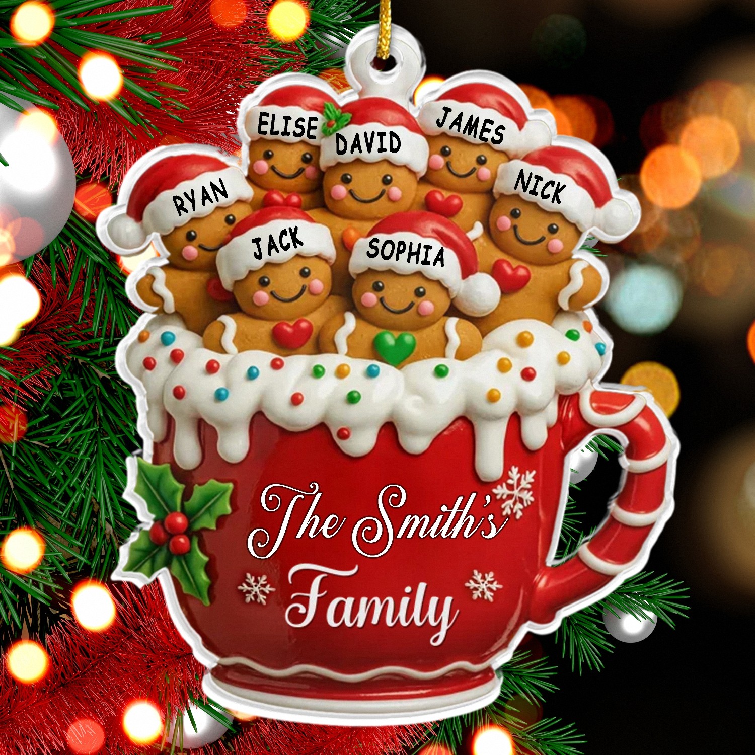 Personalized Gingerbread Family in Mug Acrylic Ornament - Custom Christmas Keepsake with Family Name and Members' Names