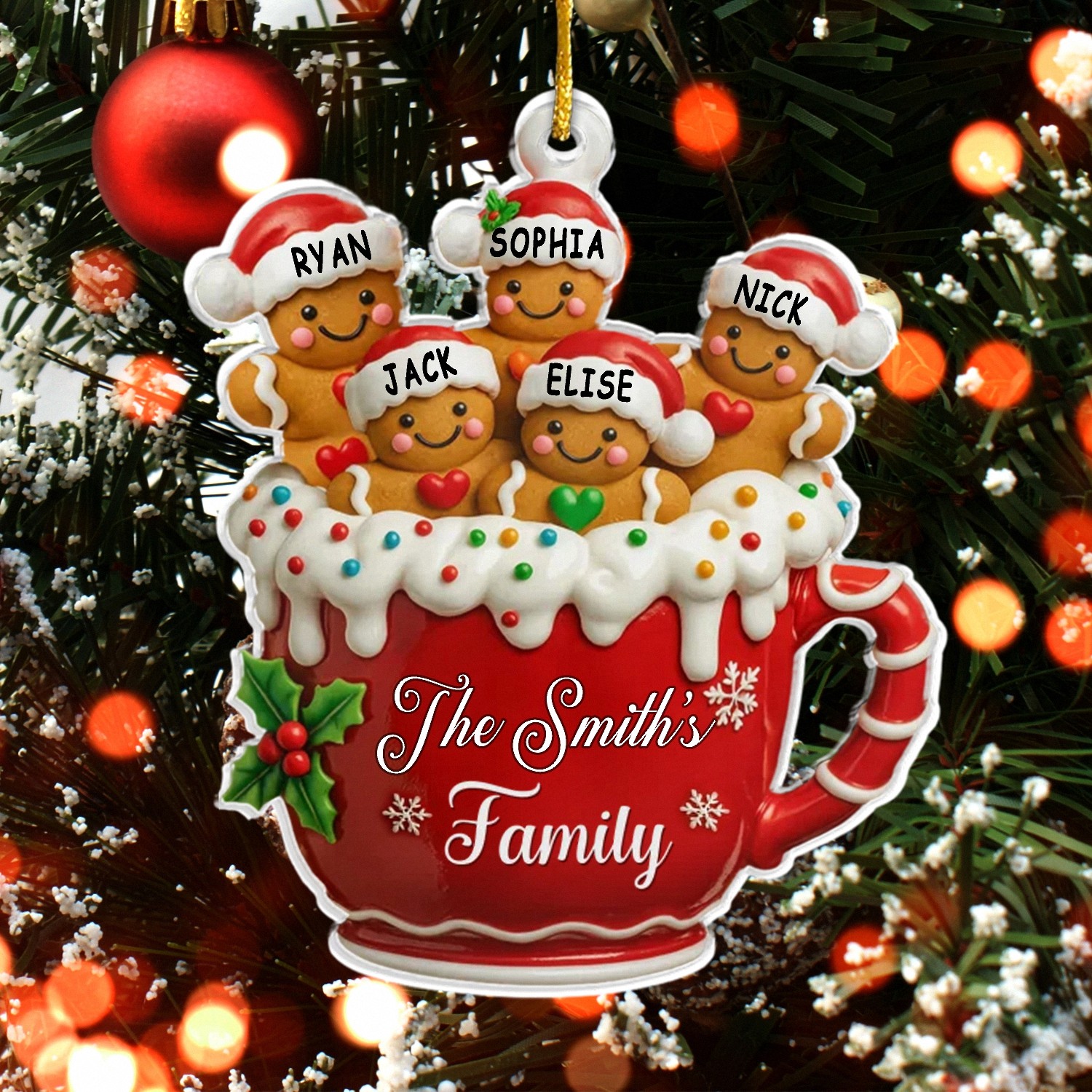 Personalized Gingerbread Family in Mug Acrylic Ornament - Custom Christmas Keepsake with Family Name and Members' Names