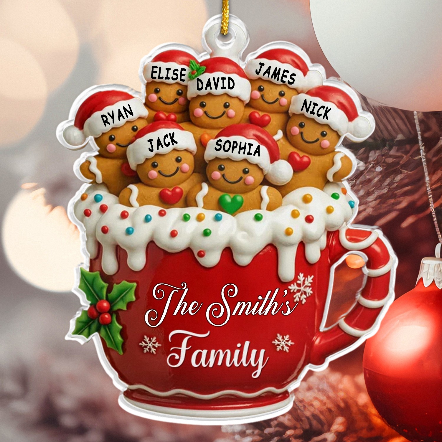 Personalized Gingerbread Family in Mug Acrylic Ornament - Custom Christmas Keepsake with Family Name and Members' Names