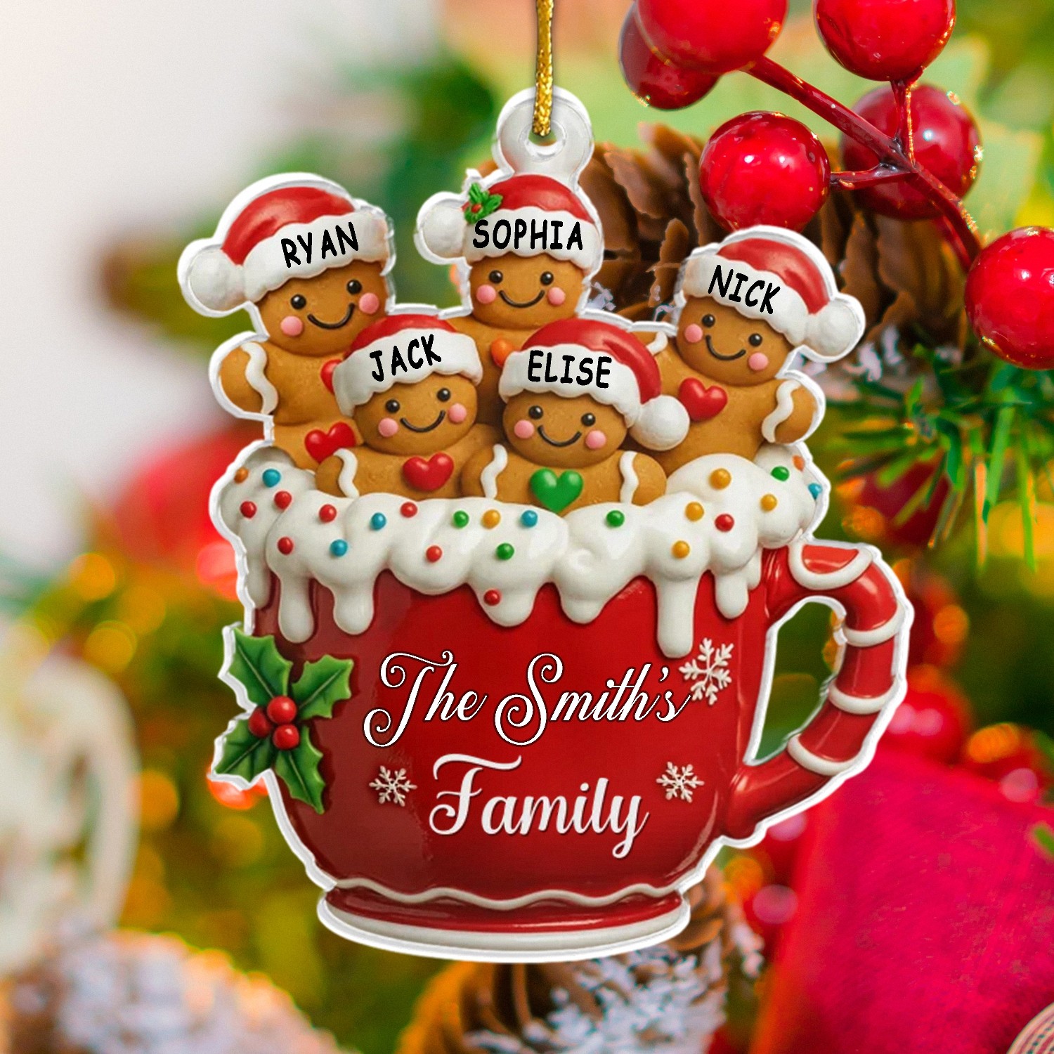 Personalized Gingerbread Family in Mug Acrylic Ornament - Custom Christmas Keepsake with Family Name and Members' Names