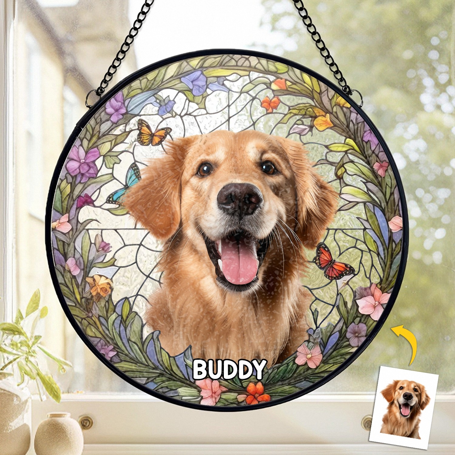 Personalized Golden Retriever Suncatcher, Stained Glass Style Window Hanging, Dog Memorial Gift for Pet Lovers, 2025
