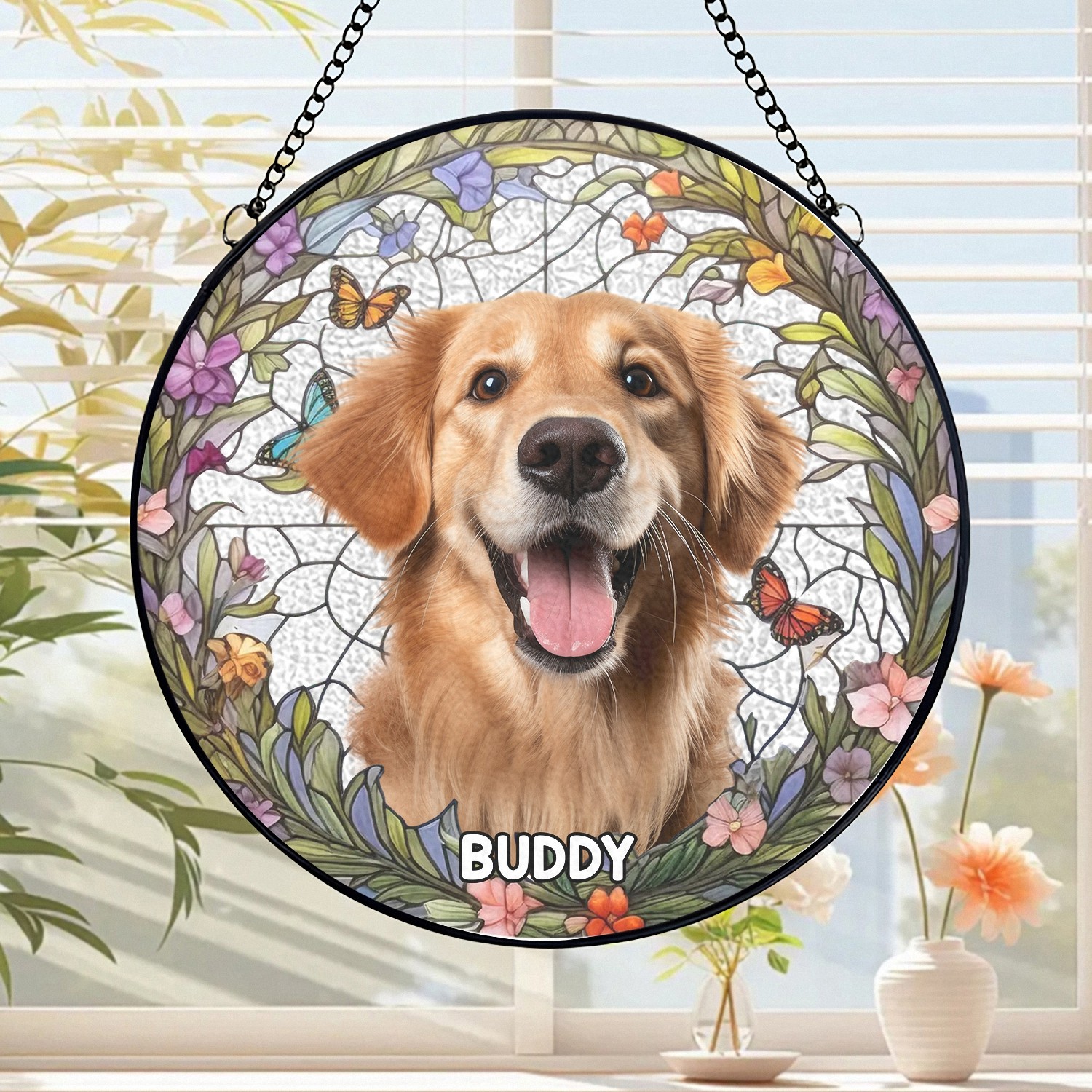 Personalized Golden Retriever Suncatcher, Stained Glass Style Window Hanging, Dog Memorial Gift for Pet Lovers, 2025