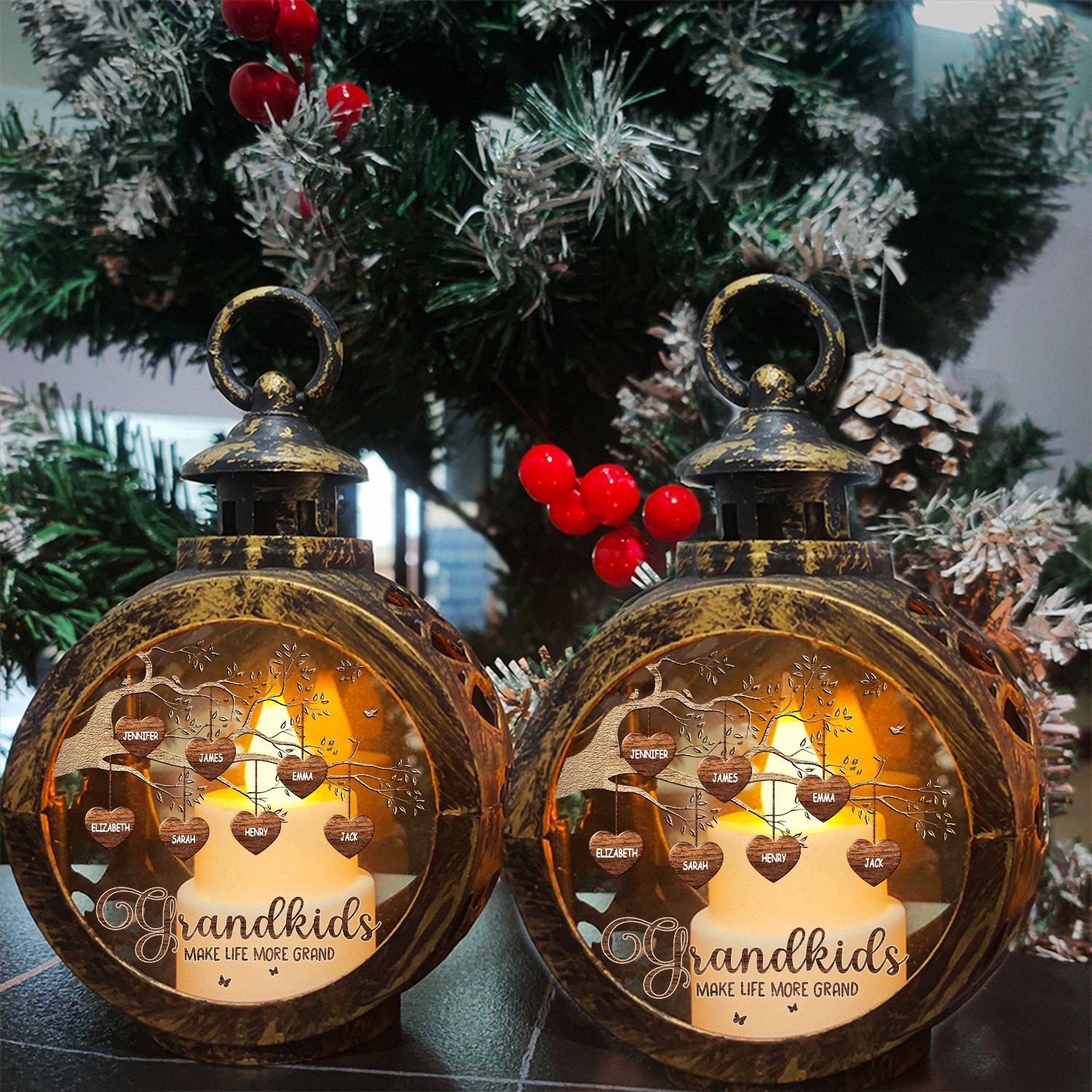 Personalized Grandkids Family Tree Lantern with Custom Names Make Life More Grand LED Light Vintage Style Keepsake Christmas Mothers Day Gift for Grandma Home Decor LG3U8