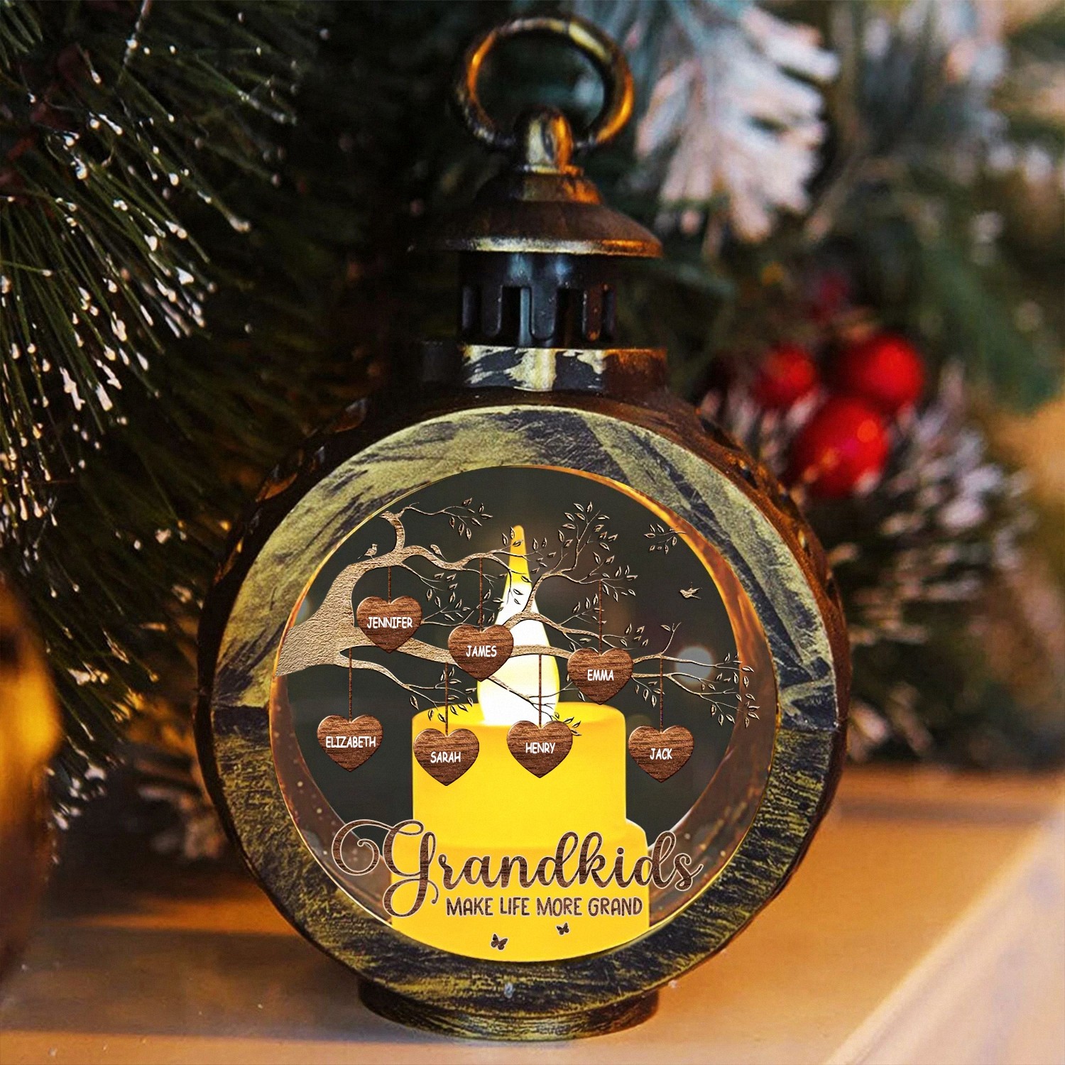 Personalized Grandkids Family Tree Lantern with Custom Names Make Life More Grand LED Light Vintage Style Keepsake Christmas Mothers Day Gift for Grandma Home Decor LG3U8